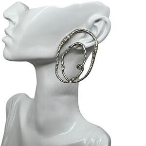 Vintage Silver Spiral Statement Earring - Abstract Hammered Metal with Crystals